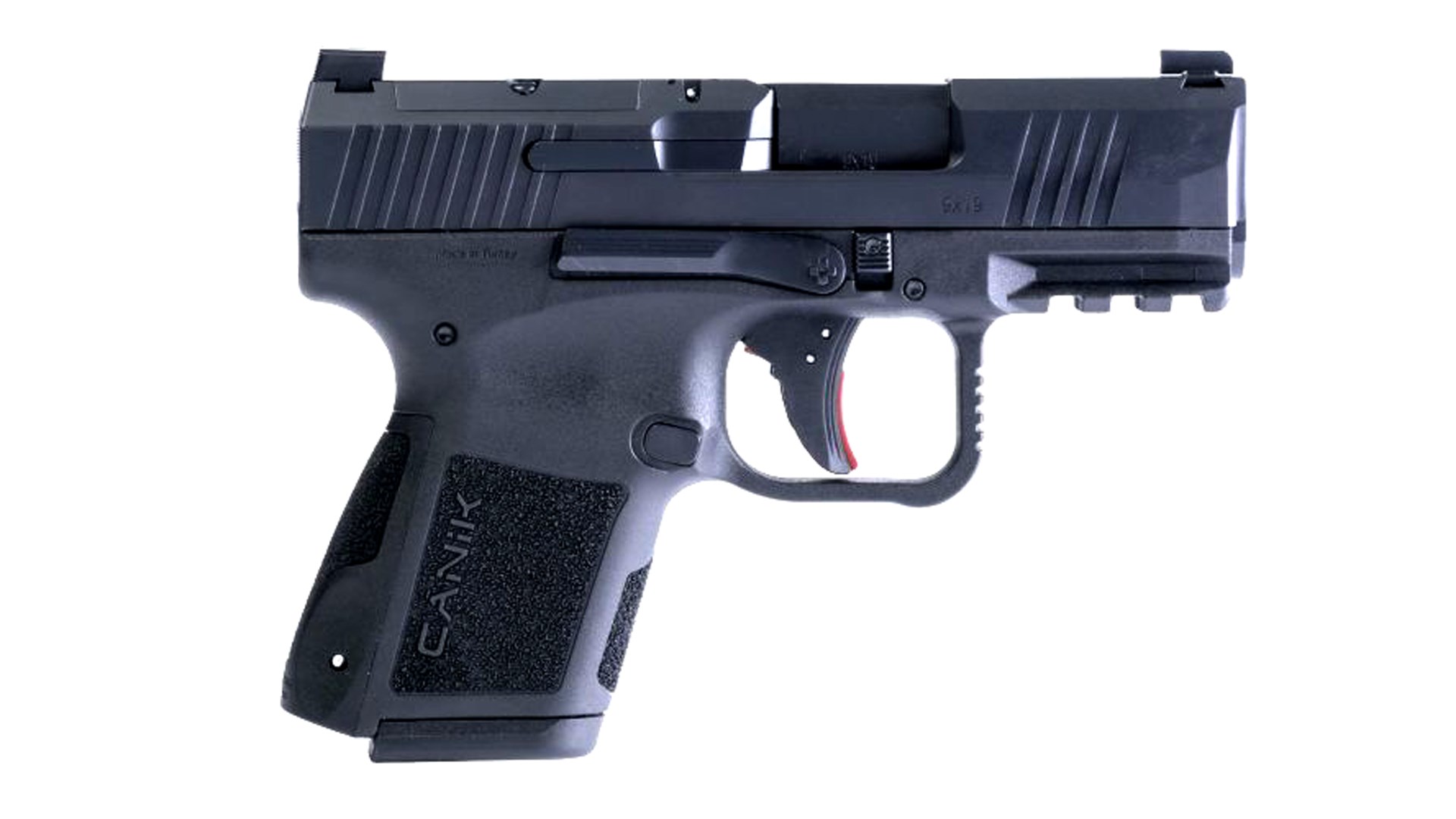 Right side of the all-black Canik Mete MC9 concealed-carry pistol.