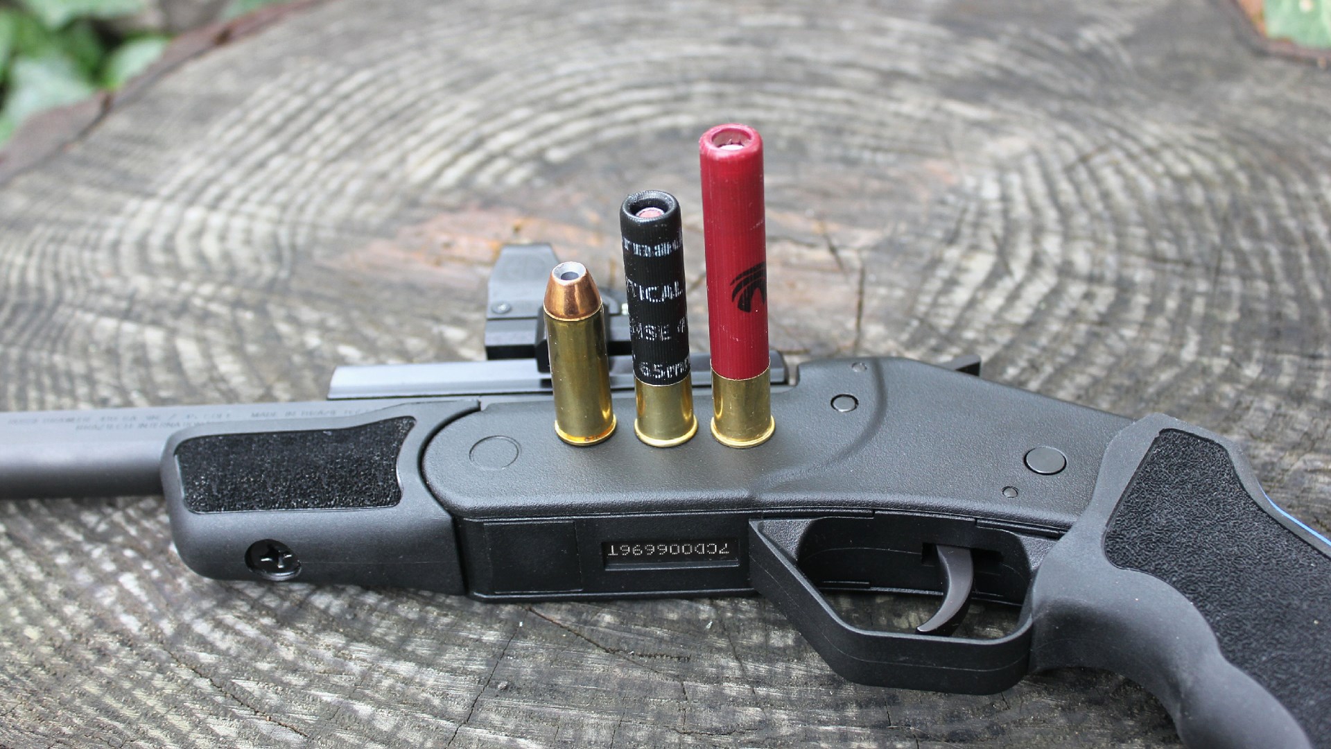 Three types of ammunition stacked row on receiver of Rossi Brawler handgun .45-cal. .410 Bore shotshell 3"
