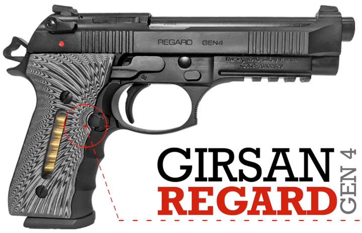 Right-side view of EAA Girsan Regard Gen 4 pistol on white background with text on image stating make and model.