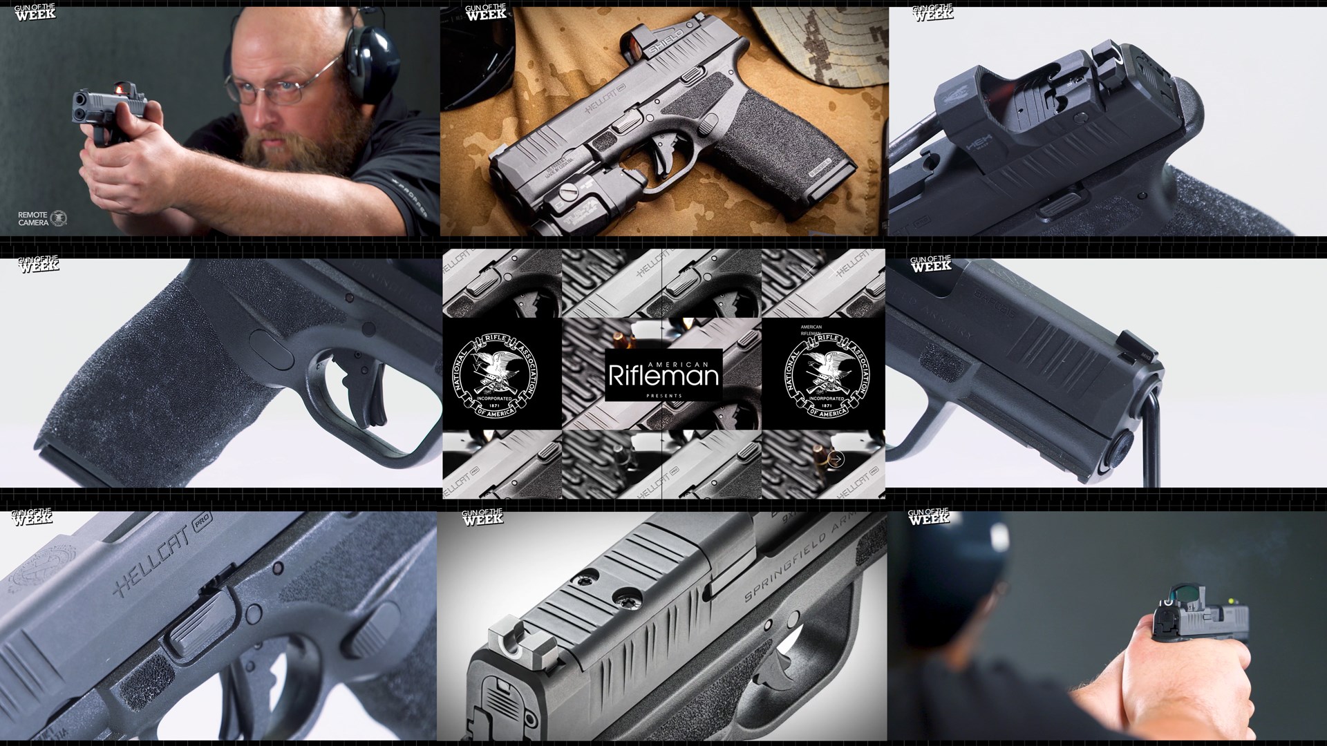 Mosaic tiles 9 images arrangement men shooting black Springfield Armory Hellcat Pro OSP 9 mm pistol