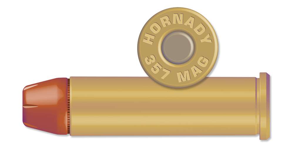 .357 Mag. cartridge rendering full length left to right with cartridge atop shown casehead stamp: HORNADY 357 MAG