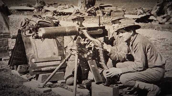 American soldiers crewing a Maxim 1904 .30 caliber water-cooled machine gun.