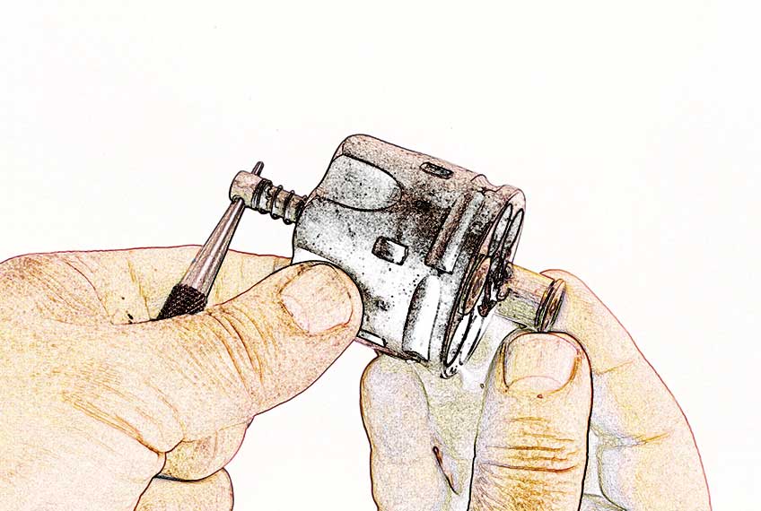 revolver parts cartoonized in hands cylinder pin punch