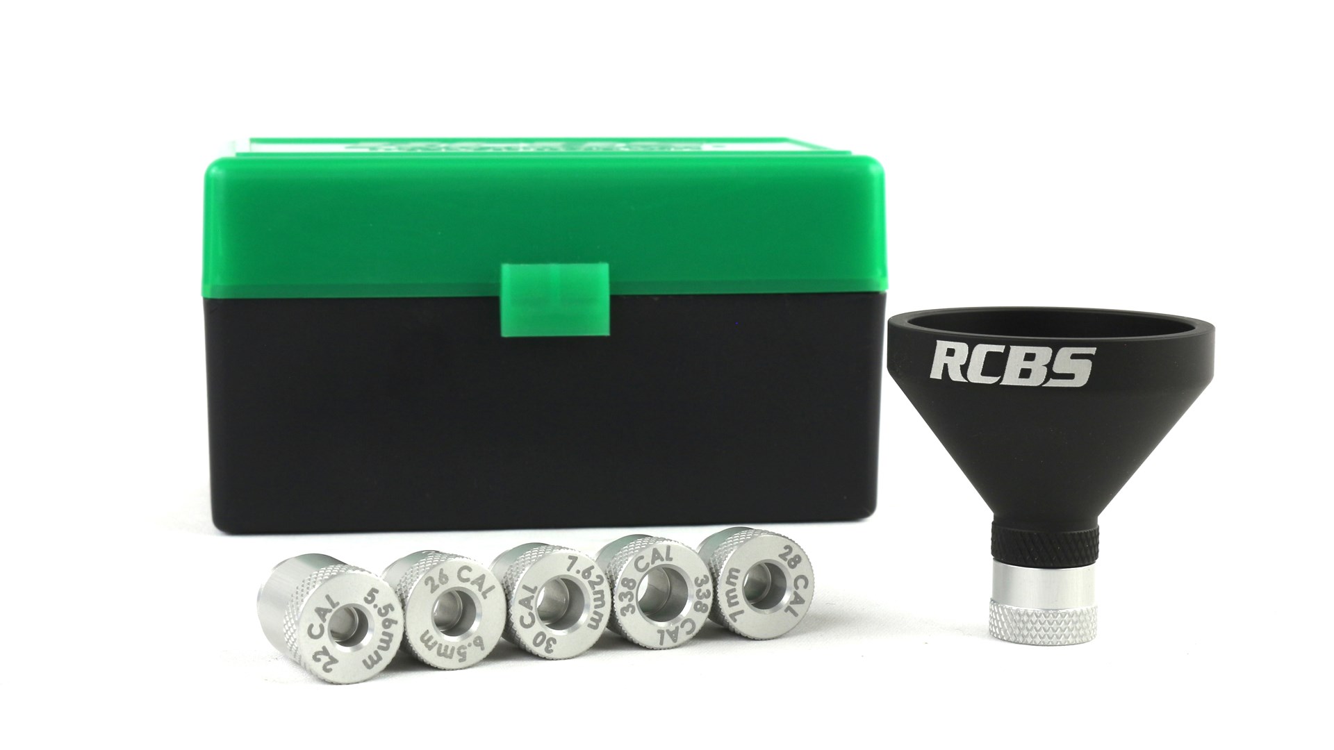 RCBS Match Master funnel kit shown with green/black box silver aluminum caliber adapters black funnel on right