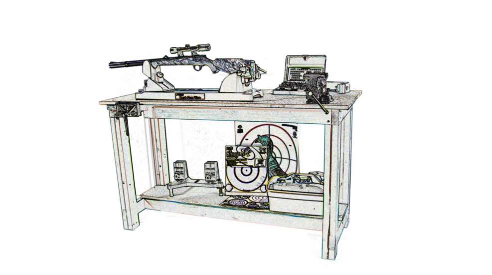 stylized drawing shooting bench tools rifle gun wood targets tools