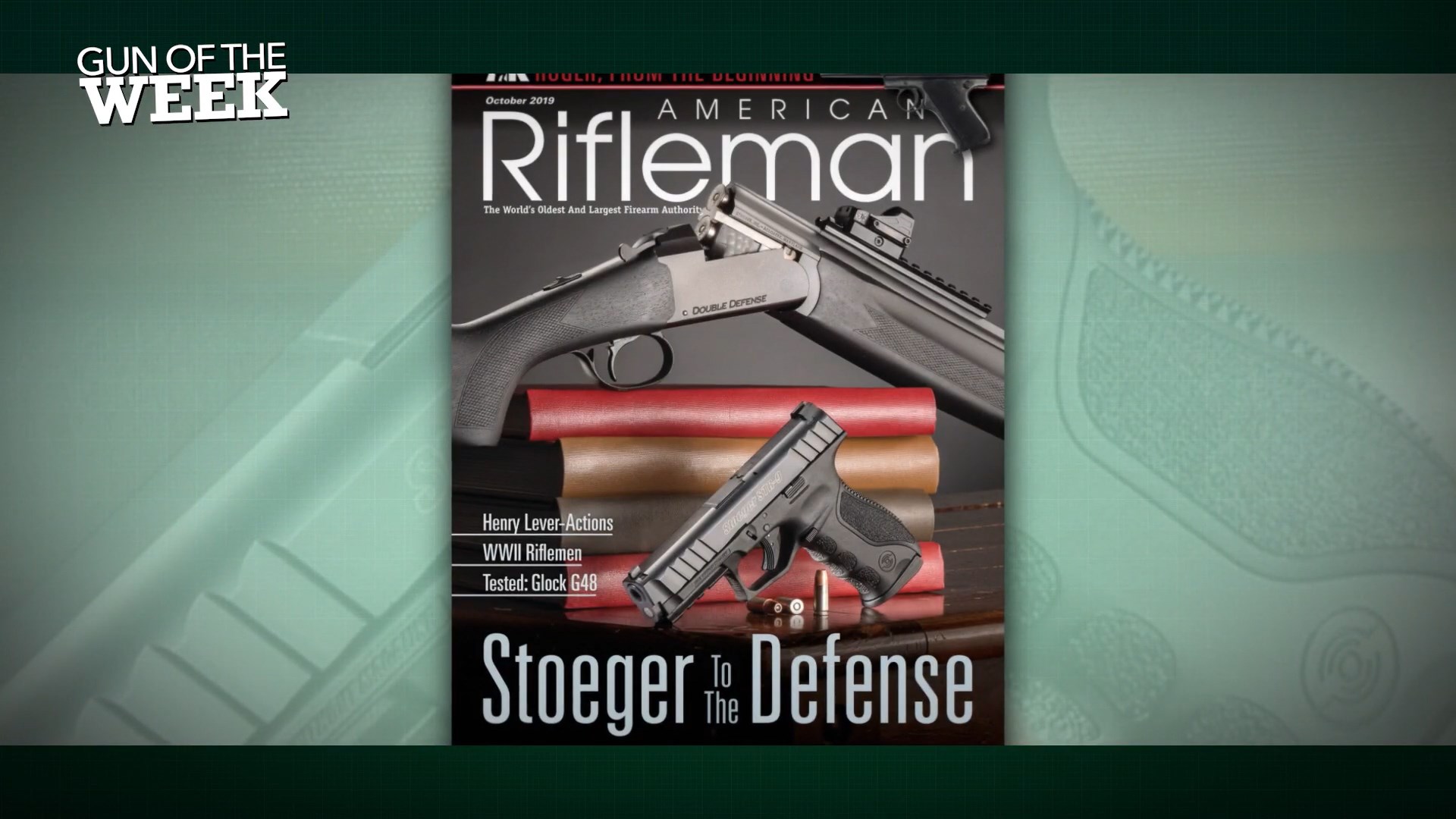 American Rifleman magazine cover overlay Stoeger To The Defense title shotgun pistol