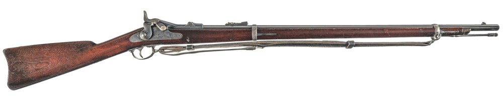 Model 1873 Springfield sidelock percussion rifle shown with leather sling wood stock gun right-side view