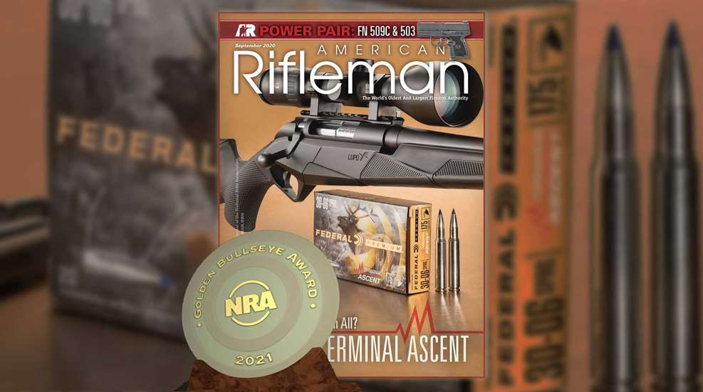 magazine cover award circle trophy gold yellow gun rifle ammunition