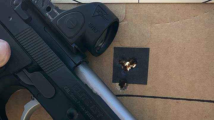 The results of shooting the SRO and LTT RSO mount combo at a 1&quot; paster target at 7-yds.