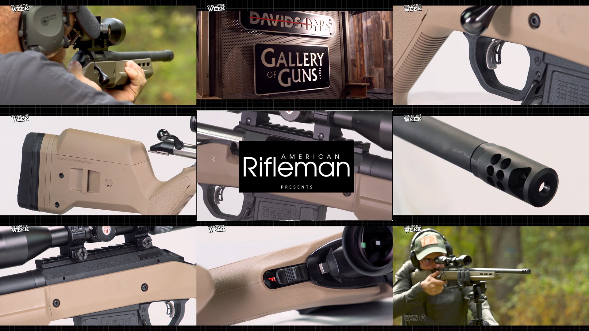 TEXT ON IMAGE DAVIDSON's GALLERY OF GUNS AMERICAN RIFLEMAN PRESENTS tiles arrangment nine 9 images stack grid gun bolt-action Ruger American Hunter rifle man outdoors shooting