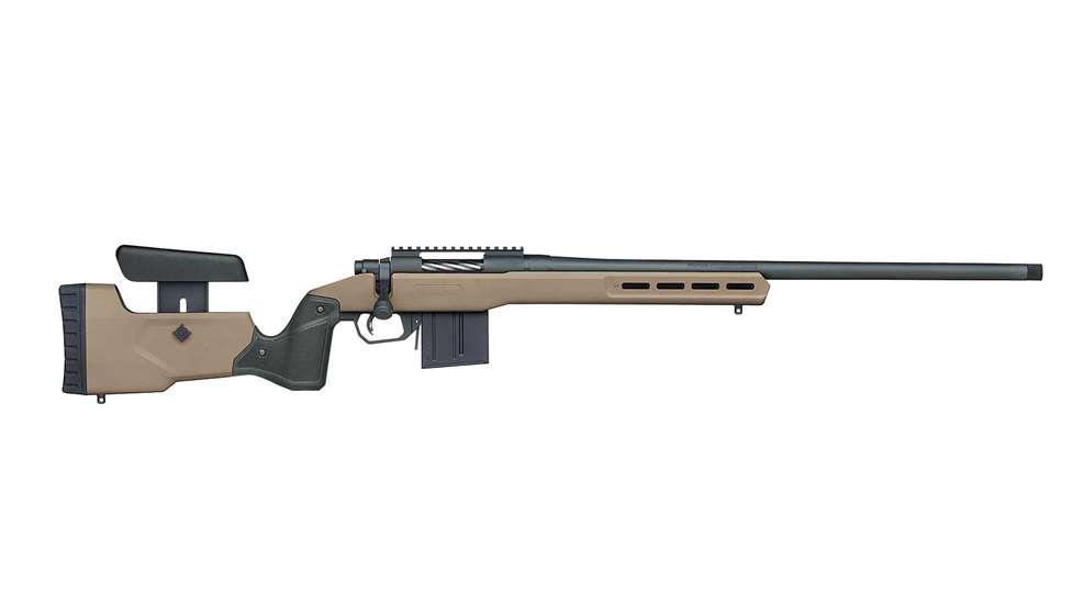 Mossberg Patriot Long Range Tactical bolt-action rifle shown right side on white with a black AICS-pattern magazine installed and no optic.