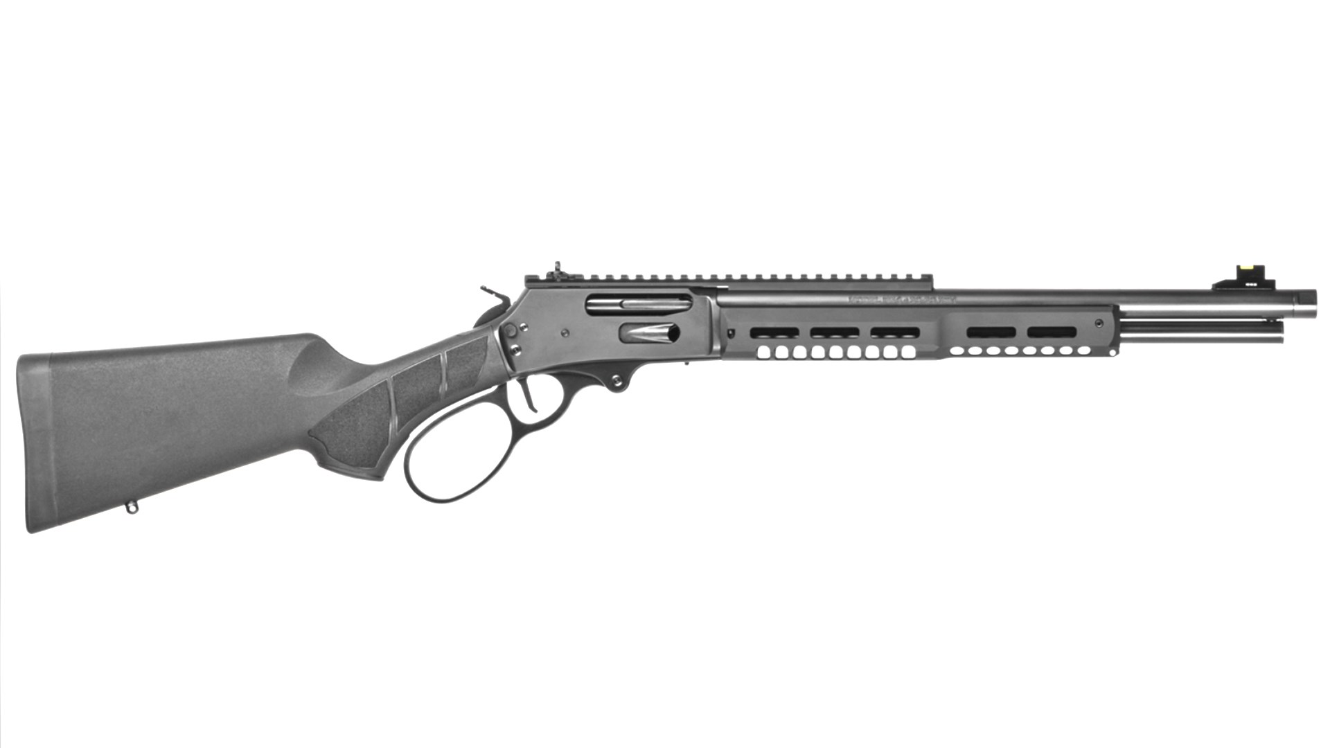 Left side of the all-black Smith & Wesson Model 1854 Stealth Hunter lever-action rifle.