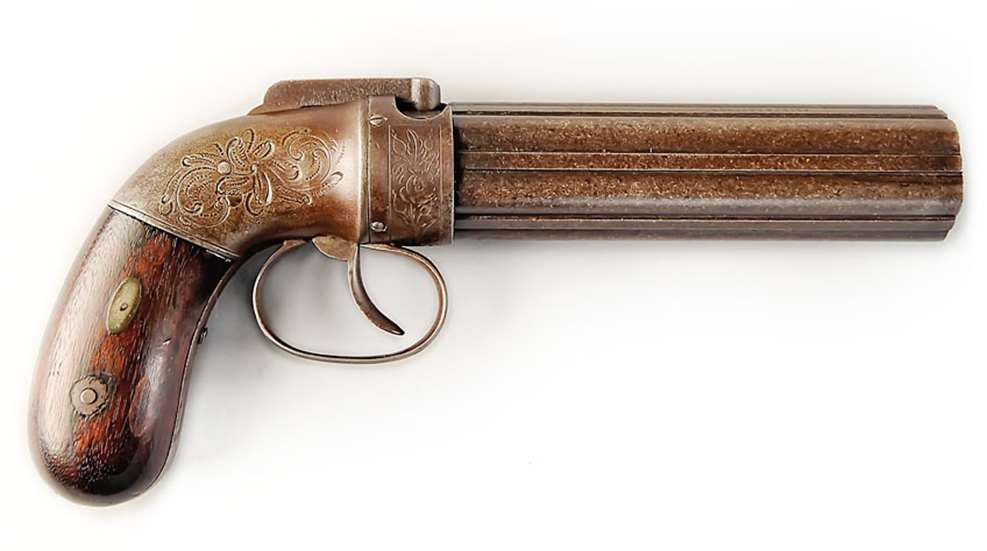 Allen Dragoon Pepperbox right side multi-barrel revolver gun handgun engraving