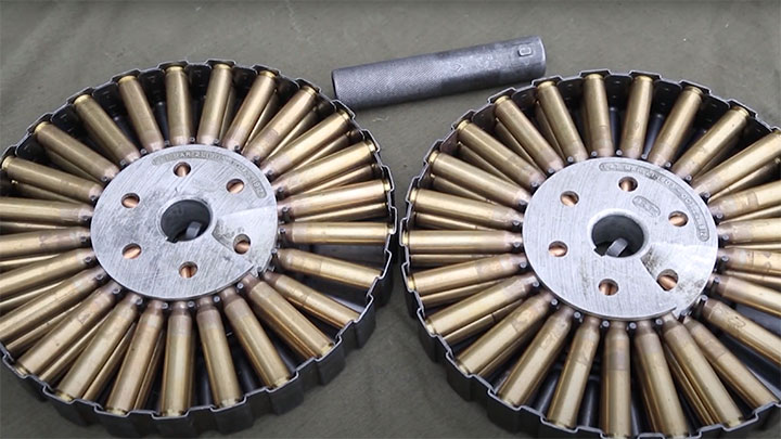 A underside view of cartridges loaded into the 47-round pan magazine of the Lewis light machine gun.