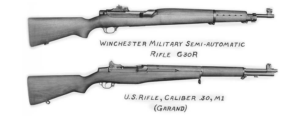 The Winchester Semi Automatic Rifle, Garand shown on bottom winchester military semi-automatic rifle G30R shown on top vintage black white