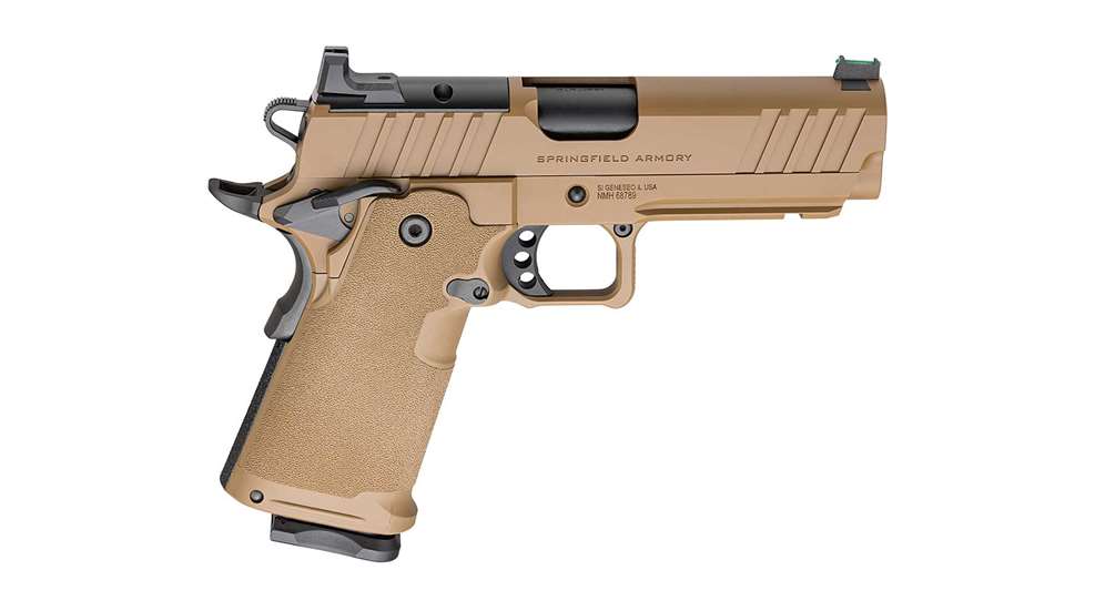 Right side of the coyote-brown Springfield Armory 1911 DS Prodigy handgun.