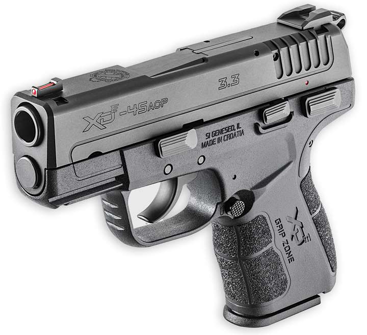 Dynamic view of Springfield Armory XDe pistol on white background.