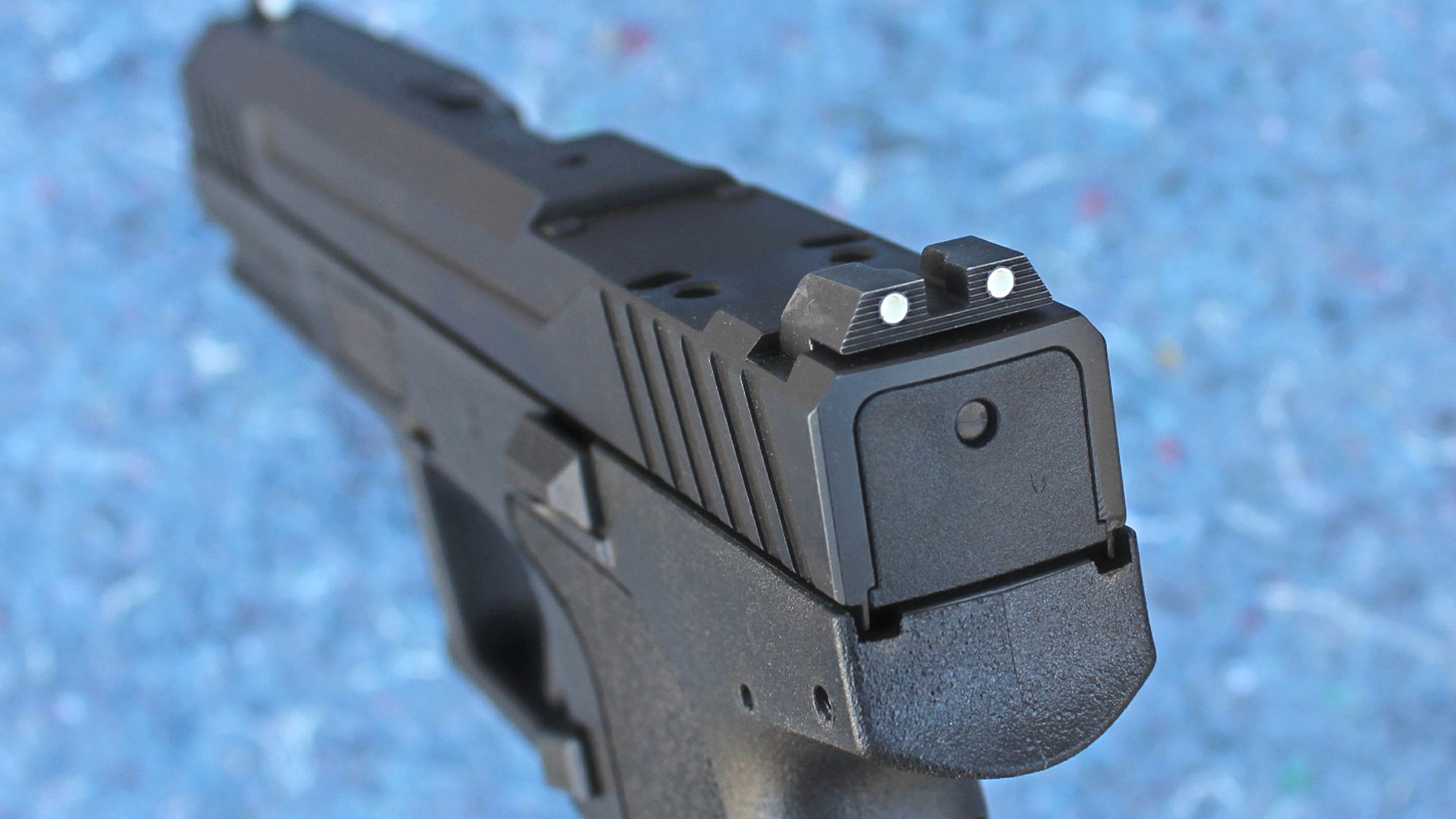 Palmetto State Armory 5.7 Rock Compact rear angled view of two-dot rear sight optic cut