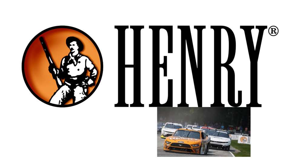 Henry Repeating Arms logo NASCAR race cars man with lever-action rifle