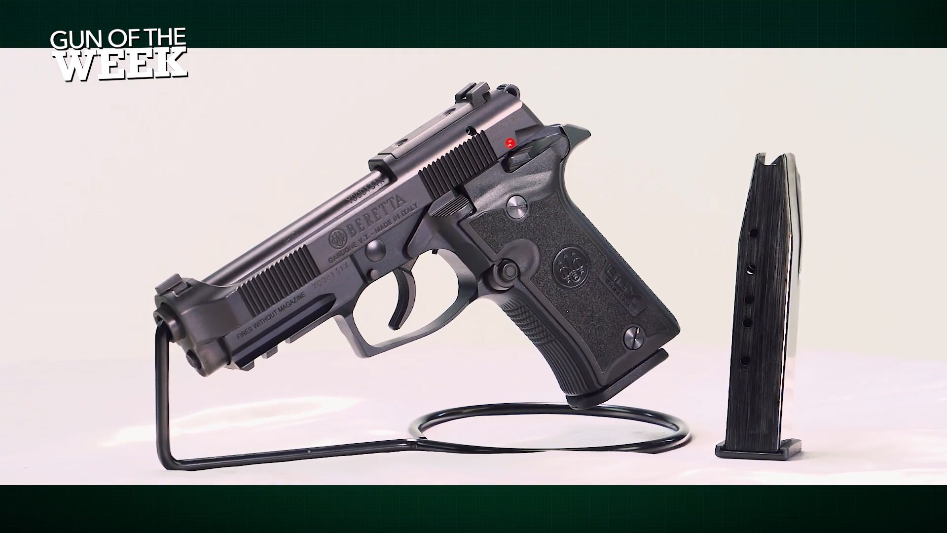 Beretta 80X Cheetah pistol on wire stand with magazine left-side view GUN OF THE WEEK text on image overlay