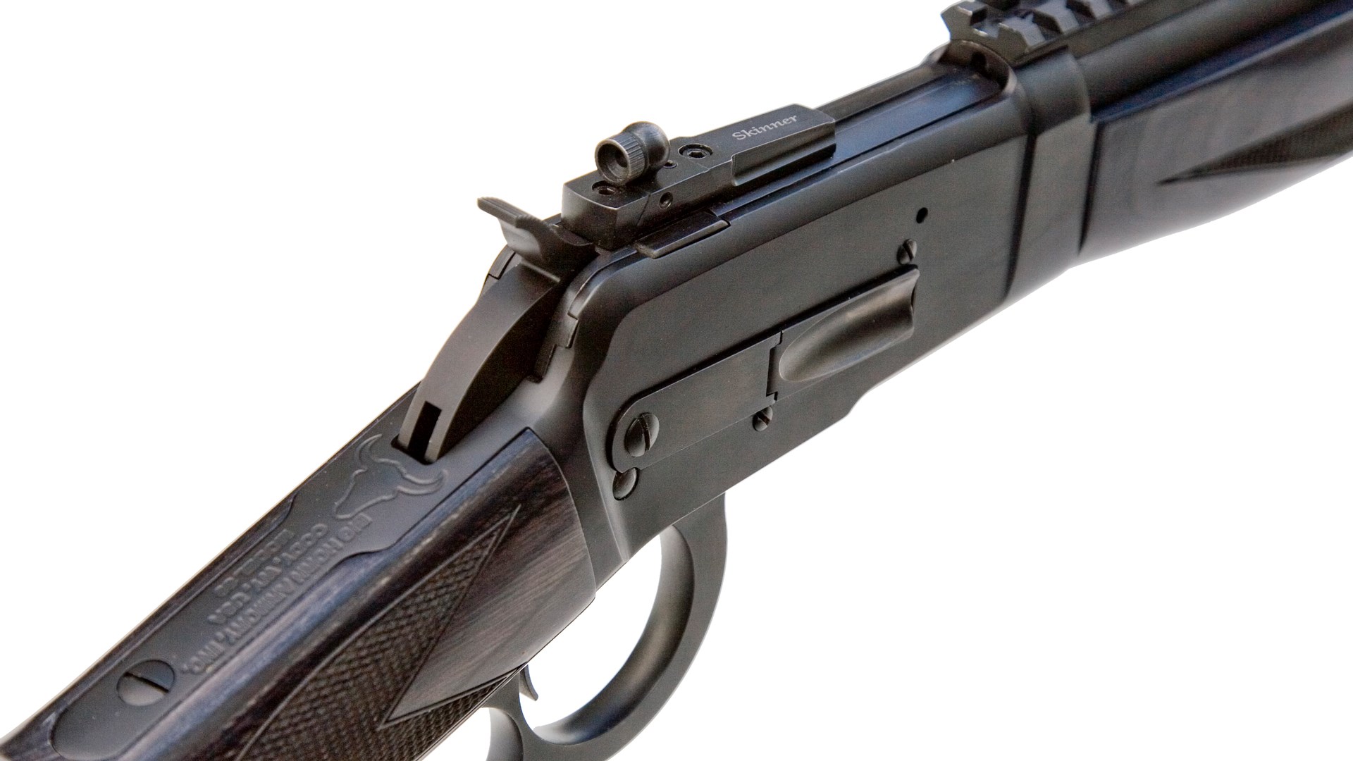 Black Thunder receiver lever-action rifle closeup hammer skinner aperture sight picatinny rail wood