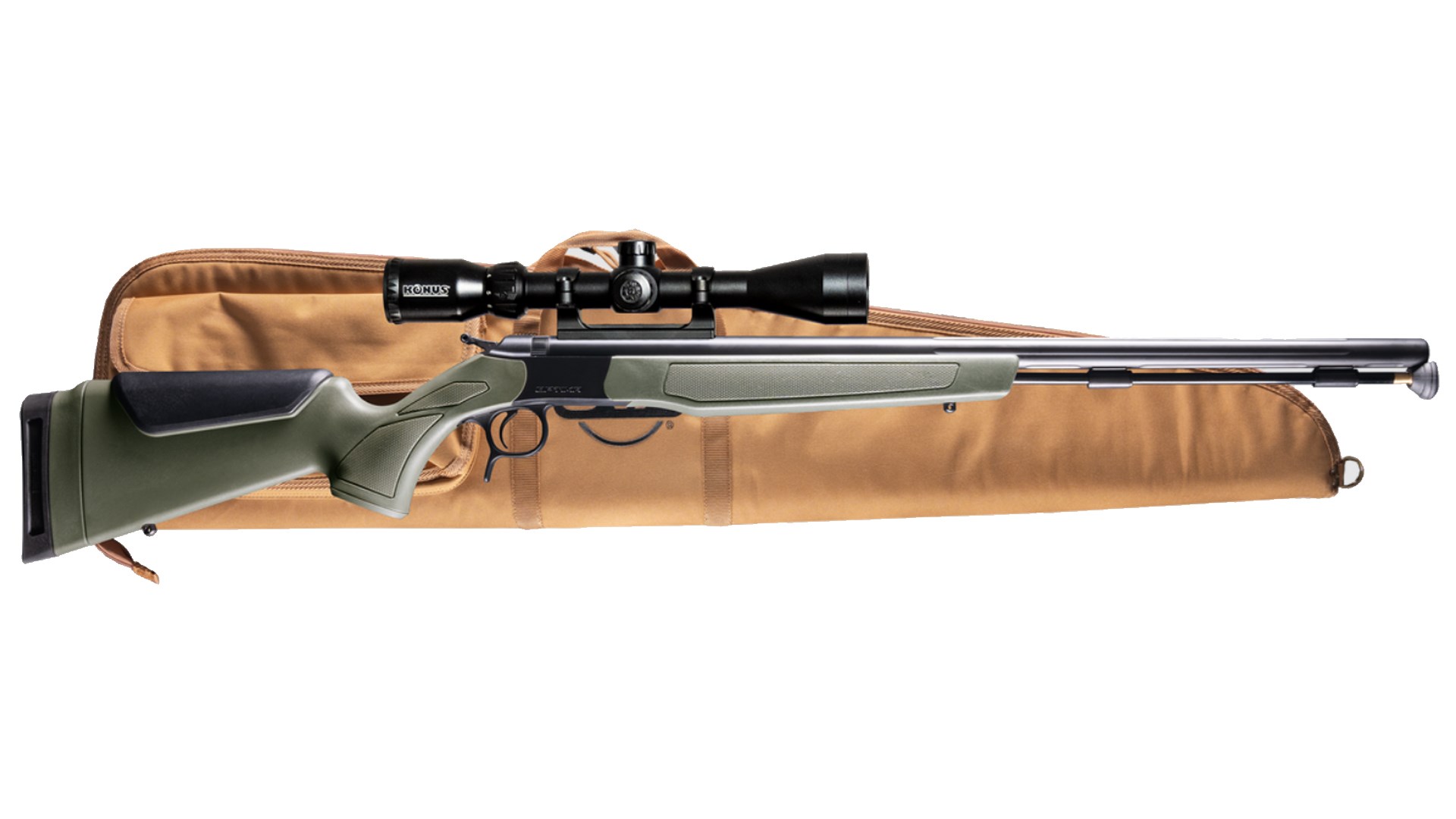 A CVA Optima V3 muzzleloader shown with a mounted riflescope and a tan rifle case.