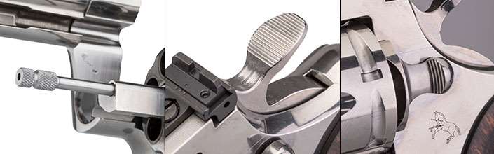 ejector rod, hammer spur, cylinder release on the Colt Python revolver.