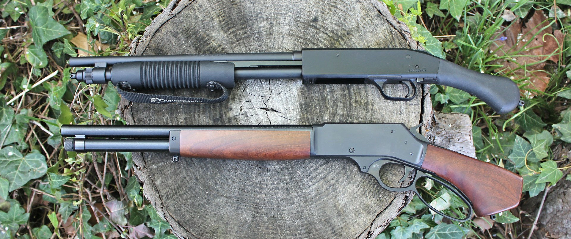 Non-NFA firearms chambered for .410 bore shells include the pump-action Mossberg 590 Shockwave (TOP) and the lever-action Henry Repeating Arms Axe (Bottom).