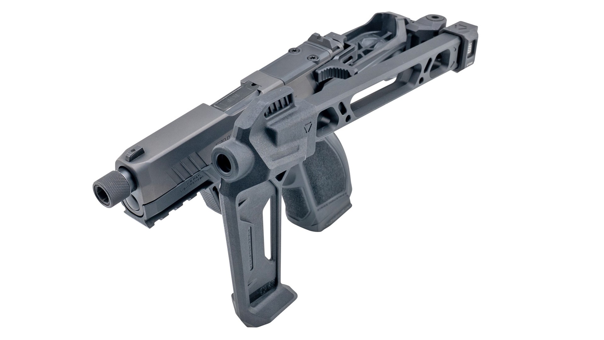 Top view of the Taurus GX4 Strike Bravo with the pistol-stabilizing brace folded along the left side of the gun.