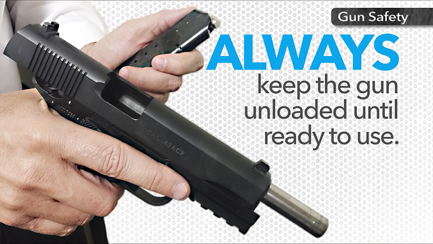 Hand and gun with text on image noting &quot;Always keep the gun unloaded until ready to use.&quot;