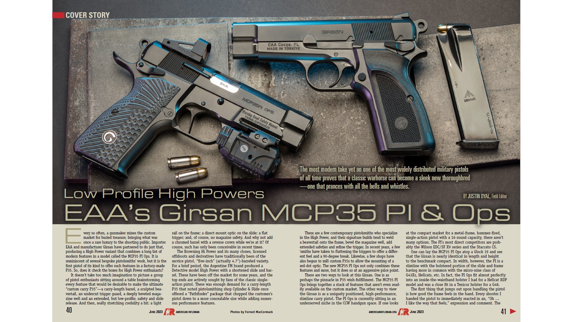 American Rifleman magazine centerfold featuring two handguns with accessories