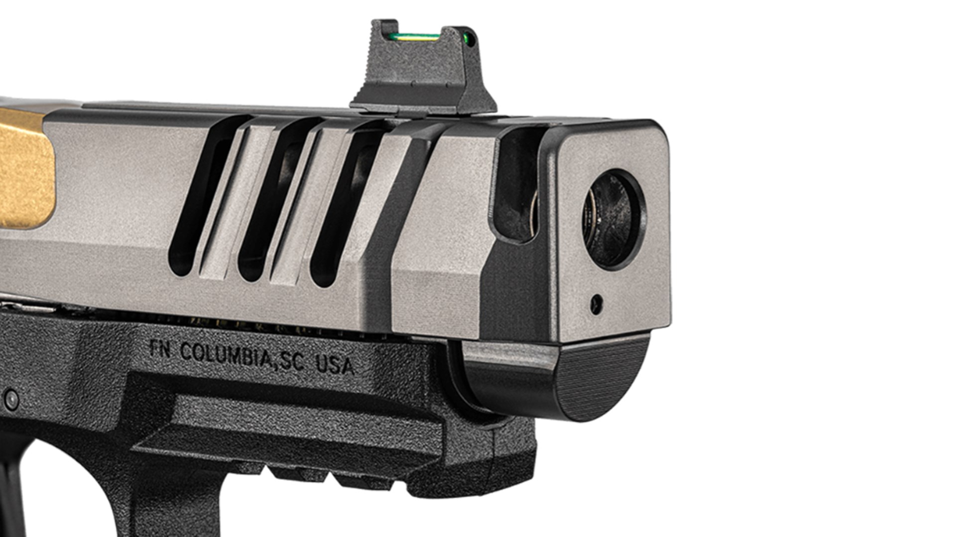 Muzzle compensator on the FN 509 CC Edge XL handgun.