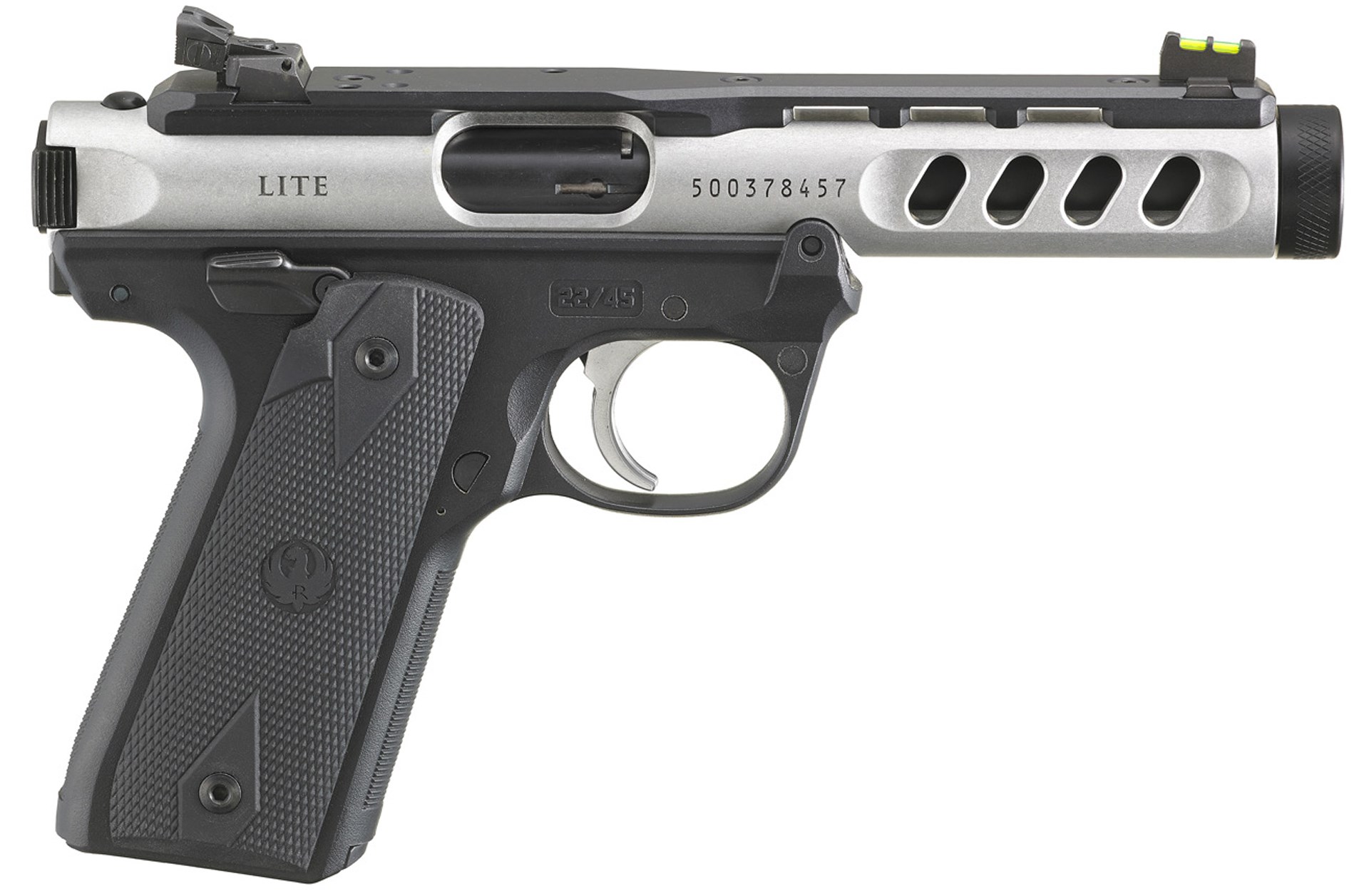 Ruger 22/45 Lite .22 LR semi-automatic pistol handgun right-side view on white black frame silver slide black barrel sights .22lr