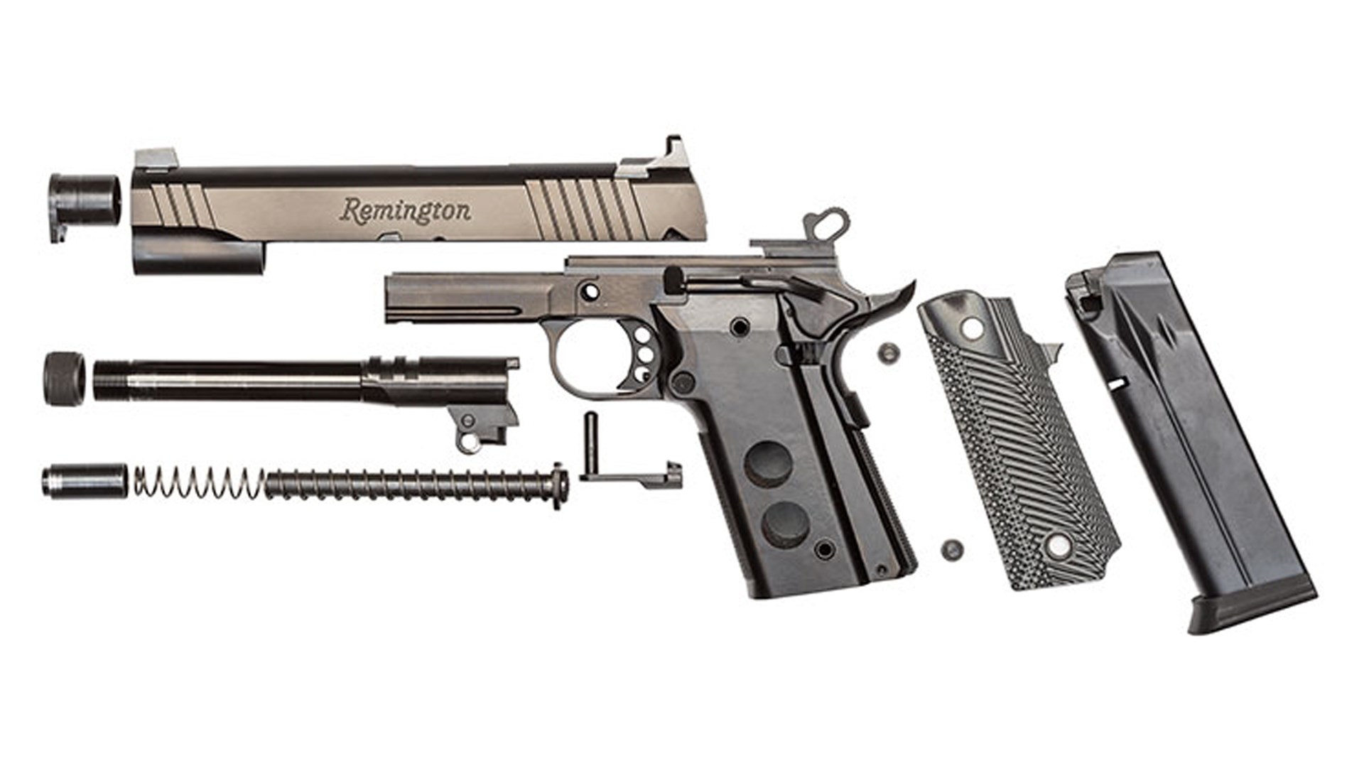 left-side view of Remington R1 Tactical double-stack 1911 exploded view parts disassembly