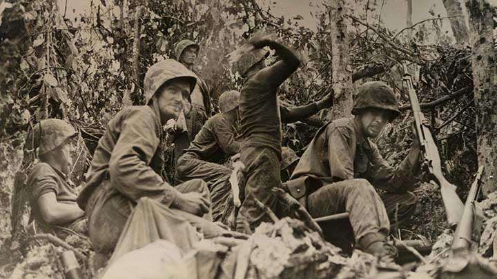 Marines of the 1st Marine Division engaged in the type of fighting that typified the struggle for the Umurbrogol Pocket. Mk. 2 Fragmentation Hand Grenades are seen here alongside the M1 Rifle, one example of which is equipped with the M7 Rifle Grenade Launcher