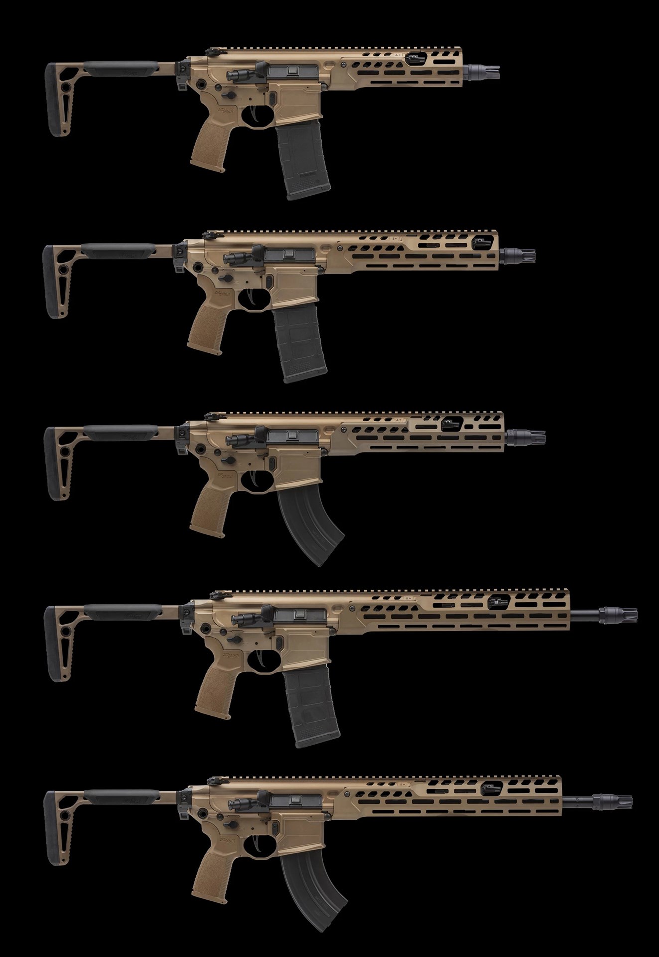 five sig sauer mcx guns comparison stack row rifles carbines sbr black background