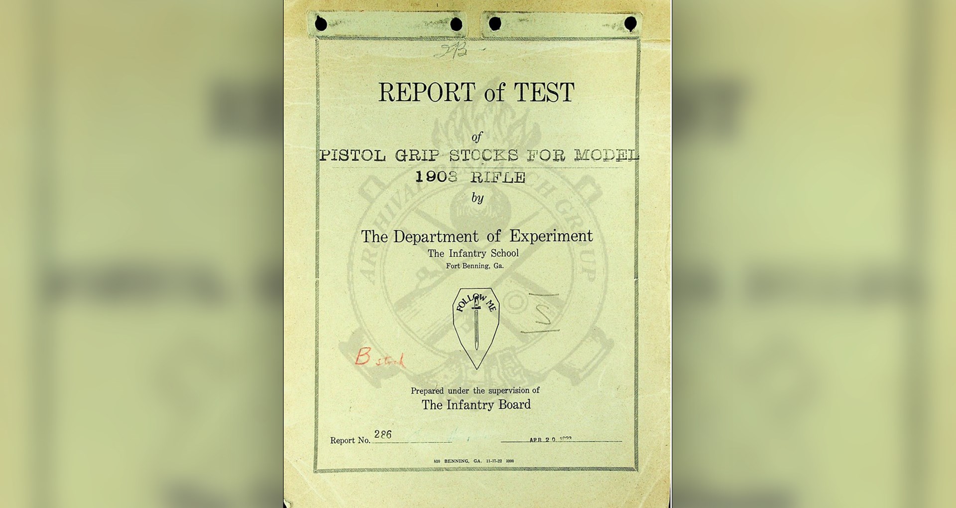 The cover page that accompanied most Department of Experiment reports. The Infantry School at Fort Benning still uses almost the same logo today — just with the bayonet flipped 180 degrees