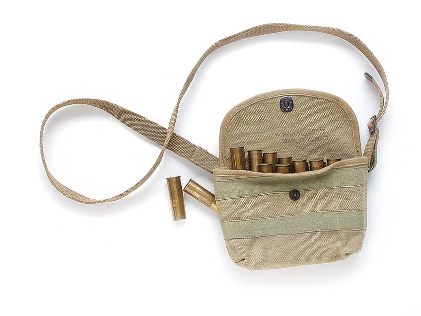 Paper-hulled shotshells didn’t react well to wet conditions in the trenches, so brass shotshells were adopted—as were specialized pouches to carry them in combat.