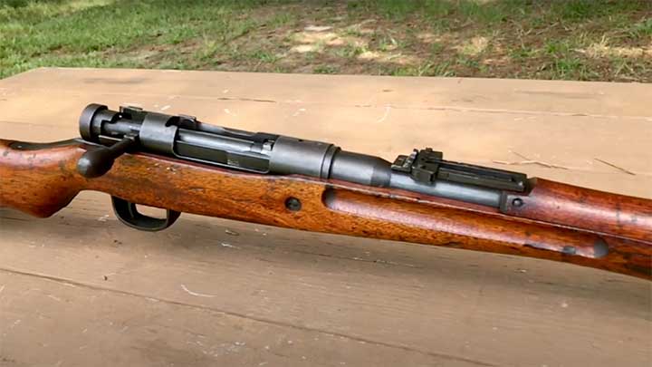 A view of the action and rear sight of the Type 99 Arisaka. This specific rifle  is a transitional “last ditch” Toyo Kogyo 33rd series Type 99.