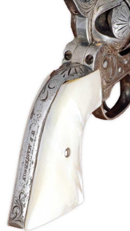 revovler white grips stocks silver gun western engraving collector revolver Bat Masterson