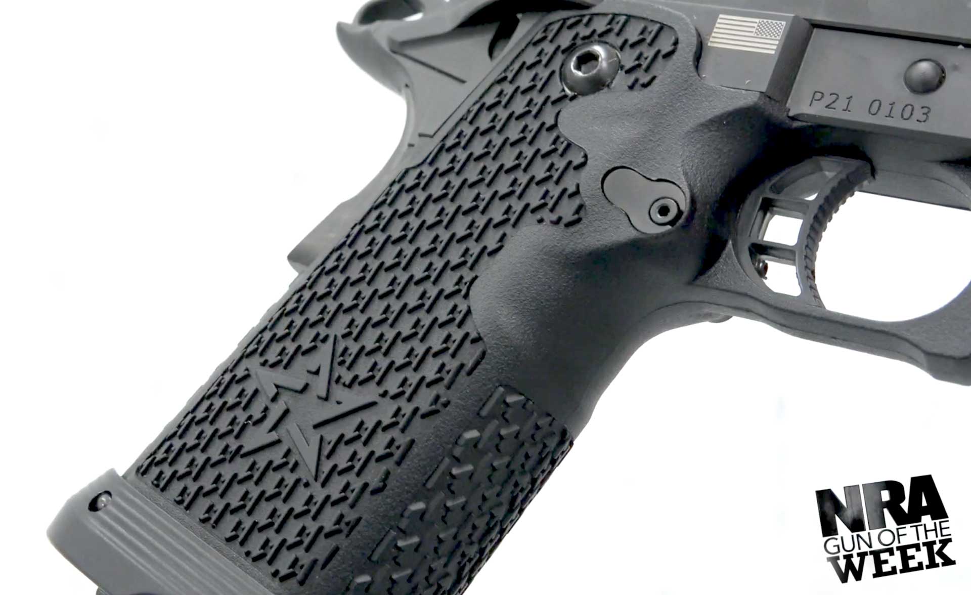 plastic grip gun pistol texturing abrasive text on image noting "nra gun of the week"