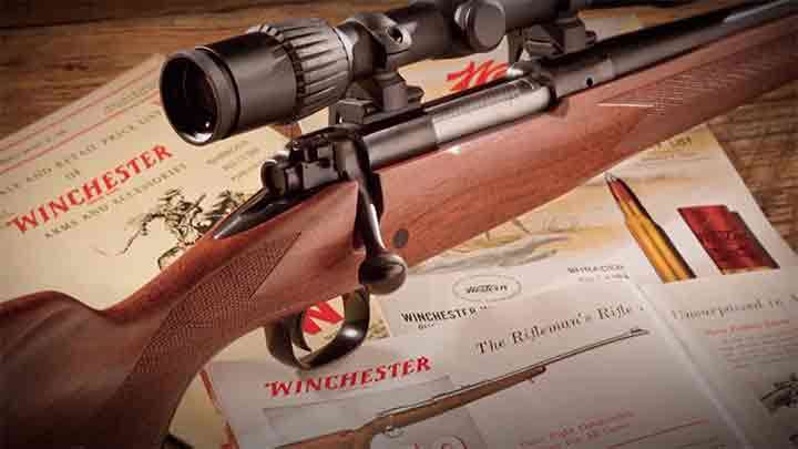 A Winchester Model 70 bolt-action rifle, one of the many popular bolt-action hunting rifles found today.