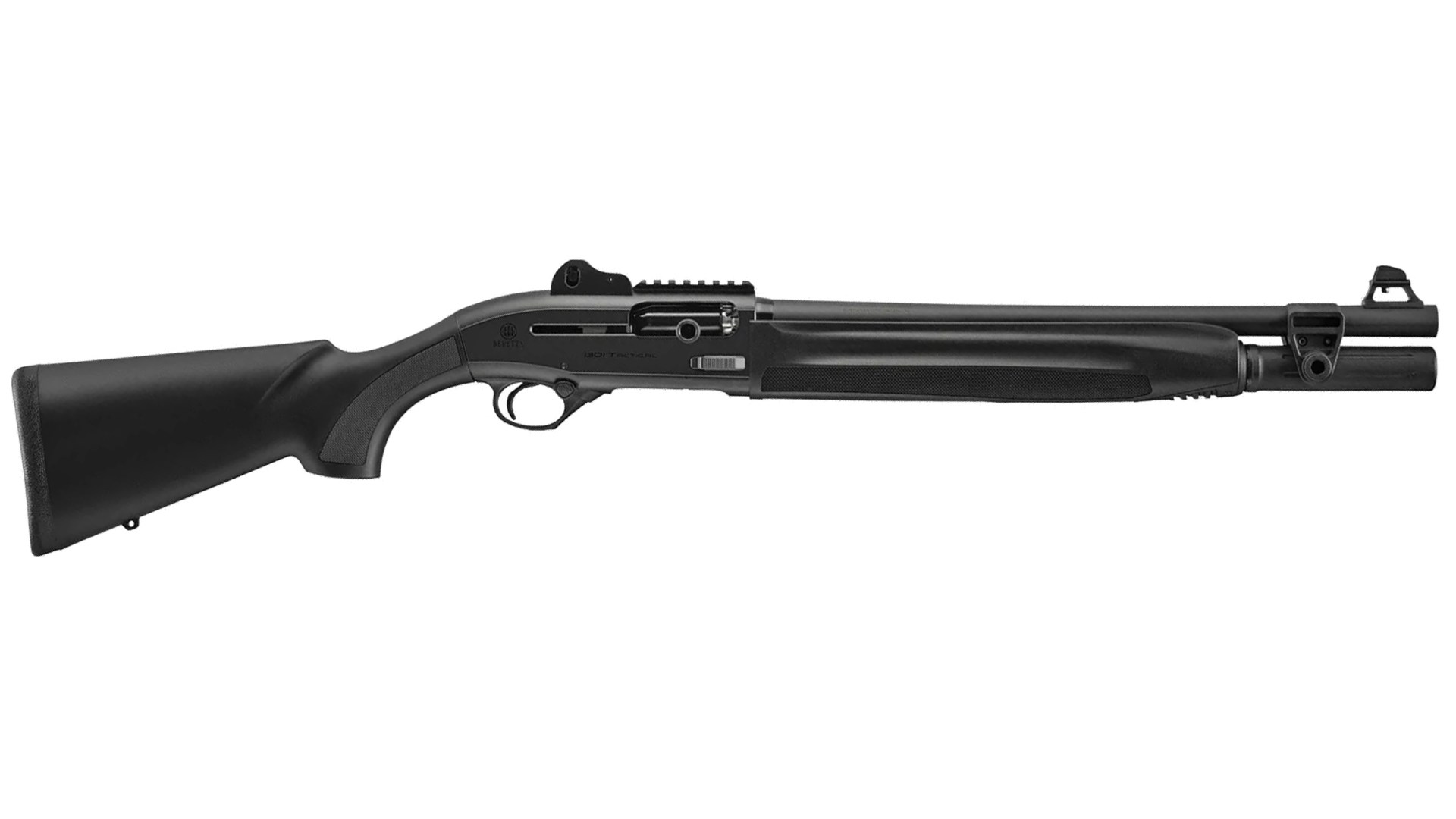 Beretta 1301 semi-automatic shotgun right-side view black gun on white background