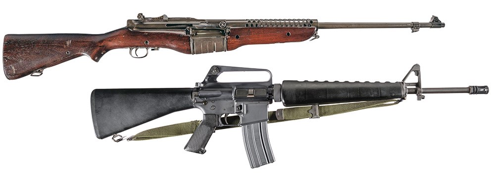 Model 1941 Johnson Rifle and the M16 with sling below on white right-side view rifles