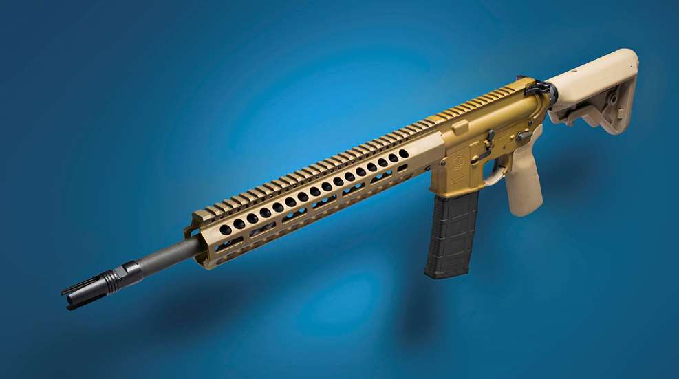 Modern Sporting Rifle MSR AR-15 semi-automatic gun dynamic angle brown color rifle carbine blue backgrond