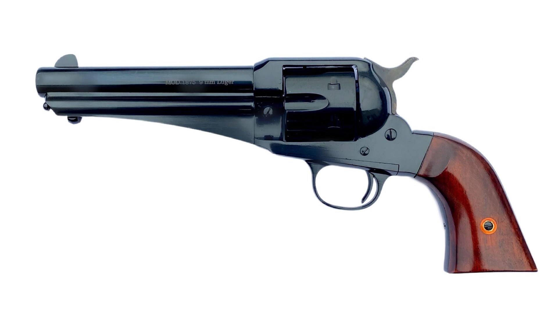 Taylor's & Company Outlaw Revolver's left side shown on white, with blackened metal and wood stocks.