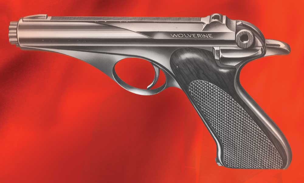 red background gray gun pistol handgun drawing