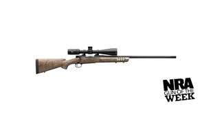 Winchester Repeating Arms Model 70 Long Range MB NRA GUN OF THE WEEK text gun right-side view hunting rifle black metal tan stock black riflescope