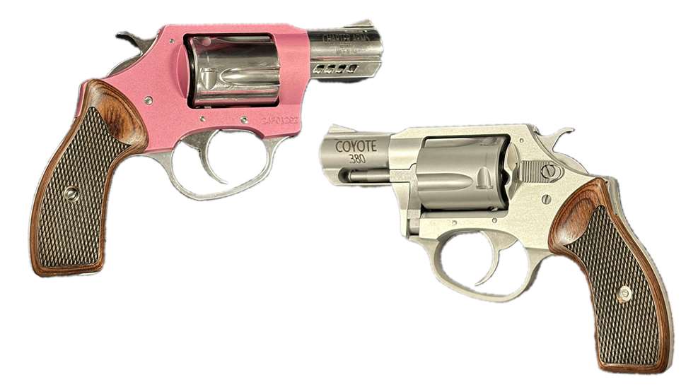 A pink Charter Arms revolver next to a silver-finished Charter Arms revolver.