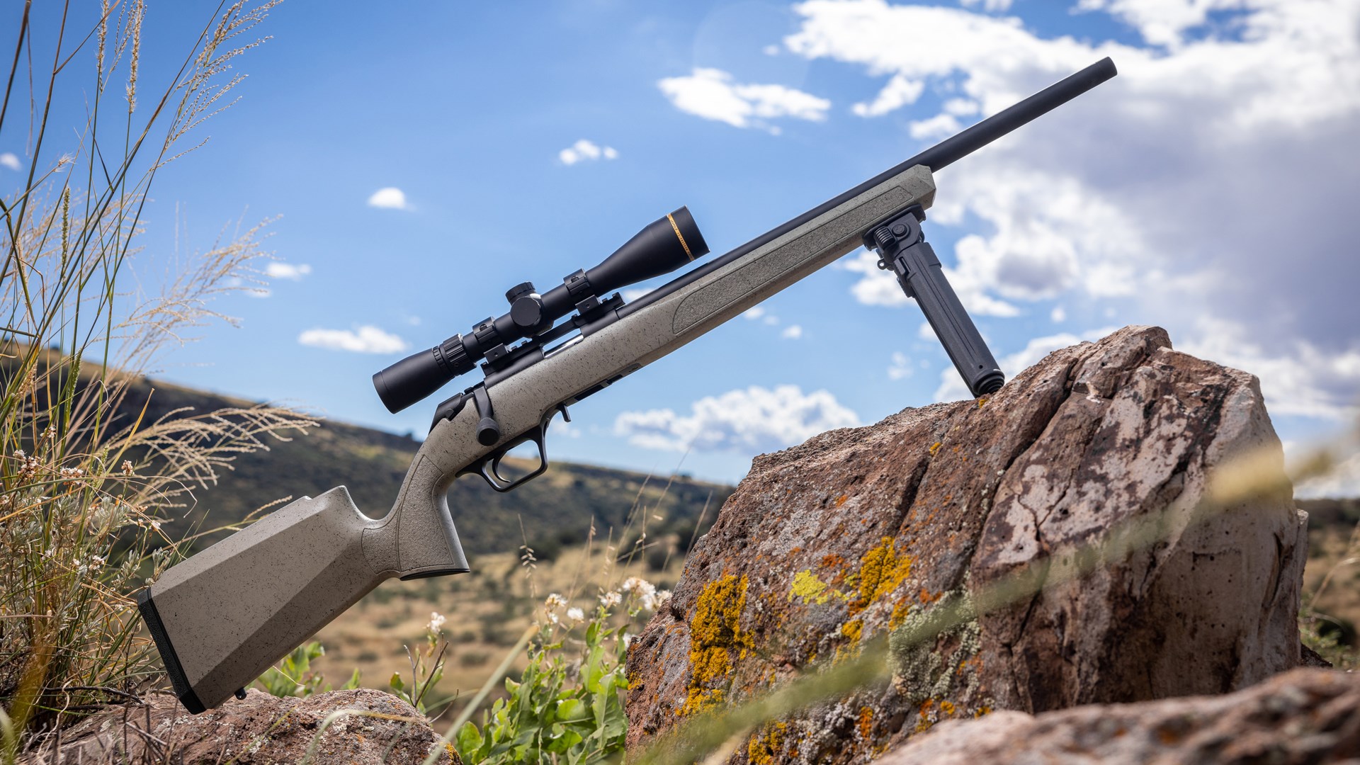 Springfield Model 2020 Rimfire Target with a Leuopld scope and a Magpul bipod propped up on a rock.